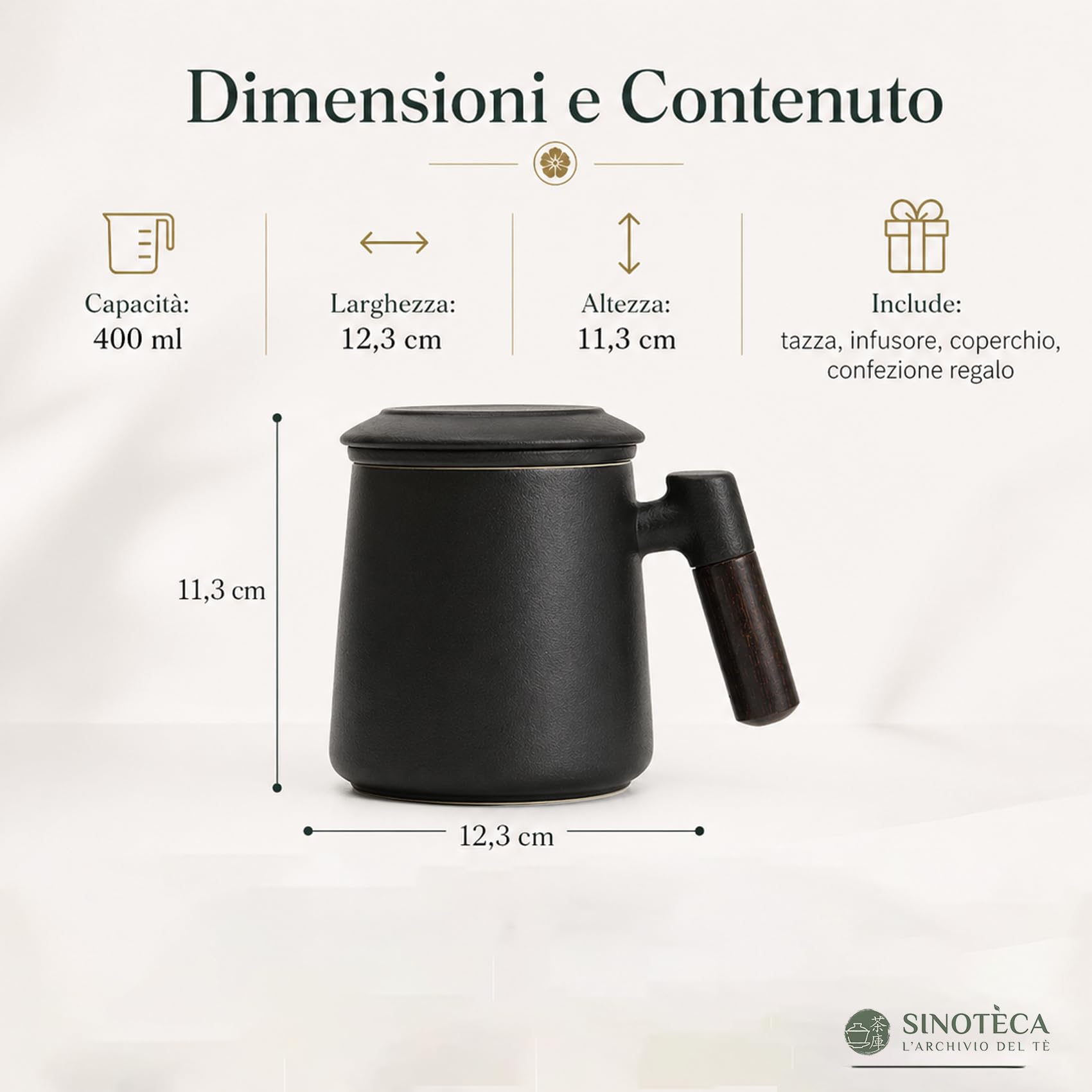 SINOTE'CA Tazza da Tè con Infusore e Coperchio 400ml, Set Regalo in Ceramica con Manico in Legno e Sottobicchiere, Tazza Tisana con Infusore Fine per Tè Sfuso, Confezione Regalo Elegante(Nero)
