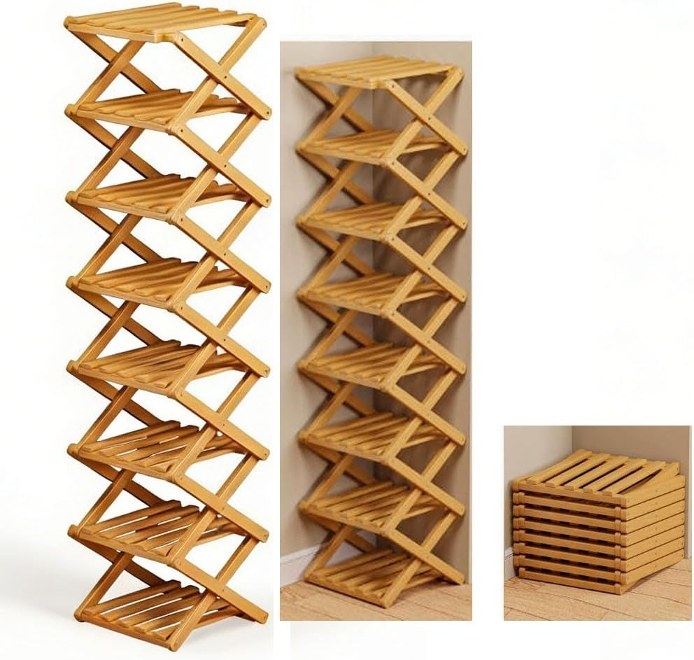 The 9-Tier No-Assembly Bamboo Rack, Foldable 9 Tier Bamboo Corner Shoe Rack, Space-Saving Organizer for Shoes, No Assembly Narrow Shoe Shelf for Entryway Closet Dorm Small Spaces(7 Tiers)