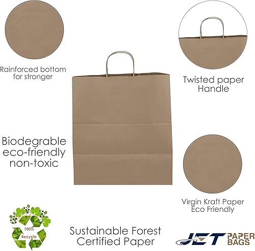 Miniatura 7 de JET Bolsas de papel marrón de 15 x 11 x 17 pulgadas con asas trenzadas, ideales para bricolaje, comida para llevar, comestibles, golosinas, venta al