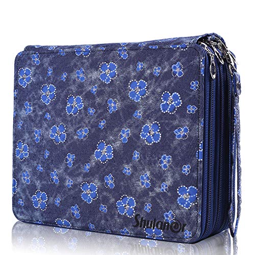 Shulaner 168 Slots Colored Pencil Case with Zipper Closure Large Capacity Oxford Pen Organizer for Prismacolor Watercolor Pencils Crayola Colored Pencils or Marco Pencils (Denim Flower, 168)