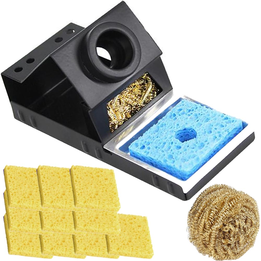 Support de fer à souder, support de fer à souder portable et stable avec laine de laiton, éponge de nettoyage, fentes pour pointes de soudure, pas besoin d'eau