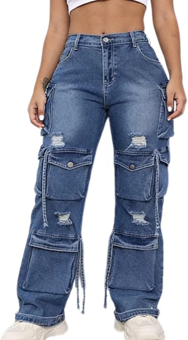 Women's Cargo Jeans Fashion High Waisted Cute Bowknot Denim Pants Y2k Hip Hop Streetwear