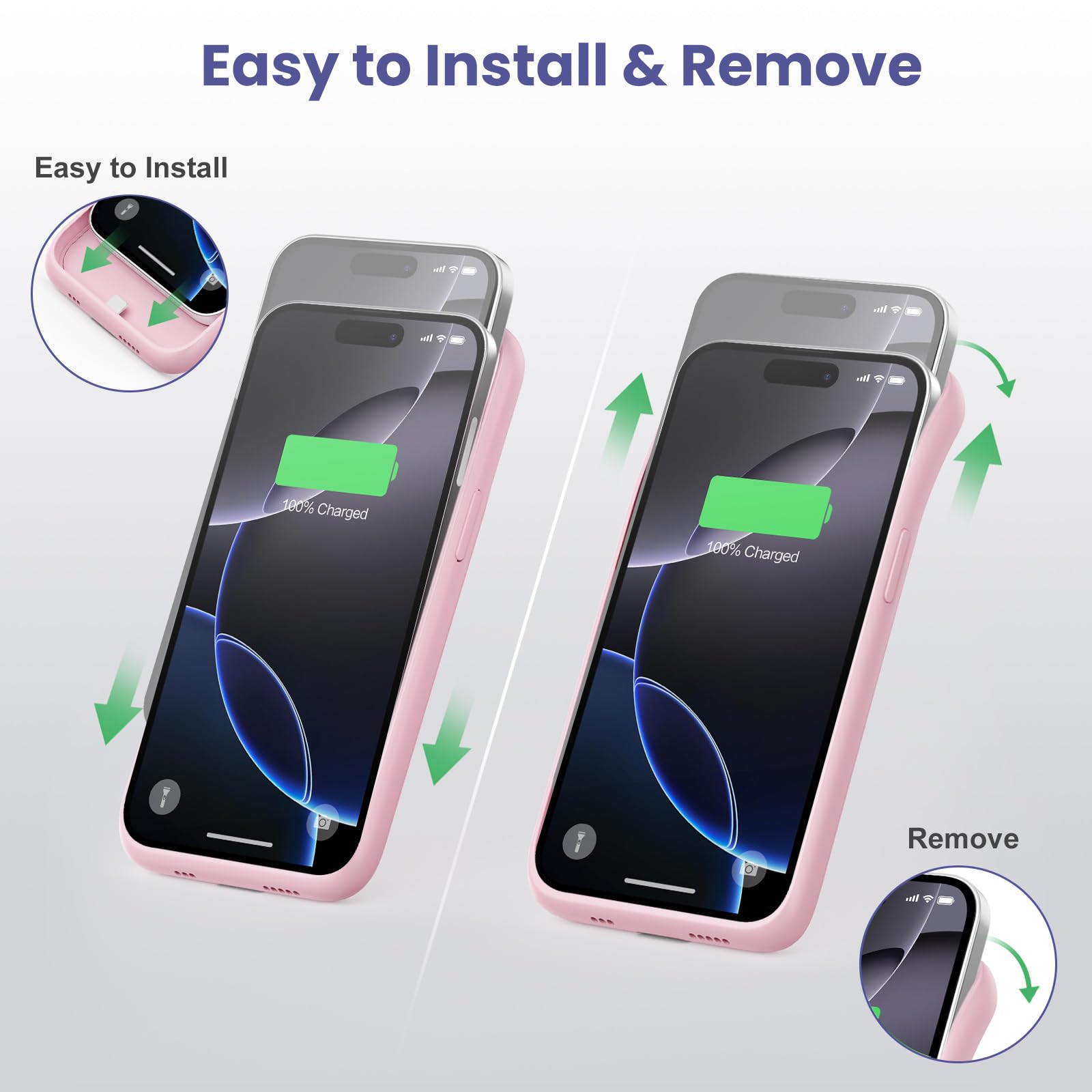 Feob Coque Batterie pour iPhone 16 Pro, 7500mAh Batterie Externe Rechargeable, Charge Rapide Chargeur Portable Boitier d’Extension avec Verre Trempé Batterie L'étui pour iPhone 16 Pro(6,3") (Rose)