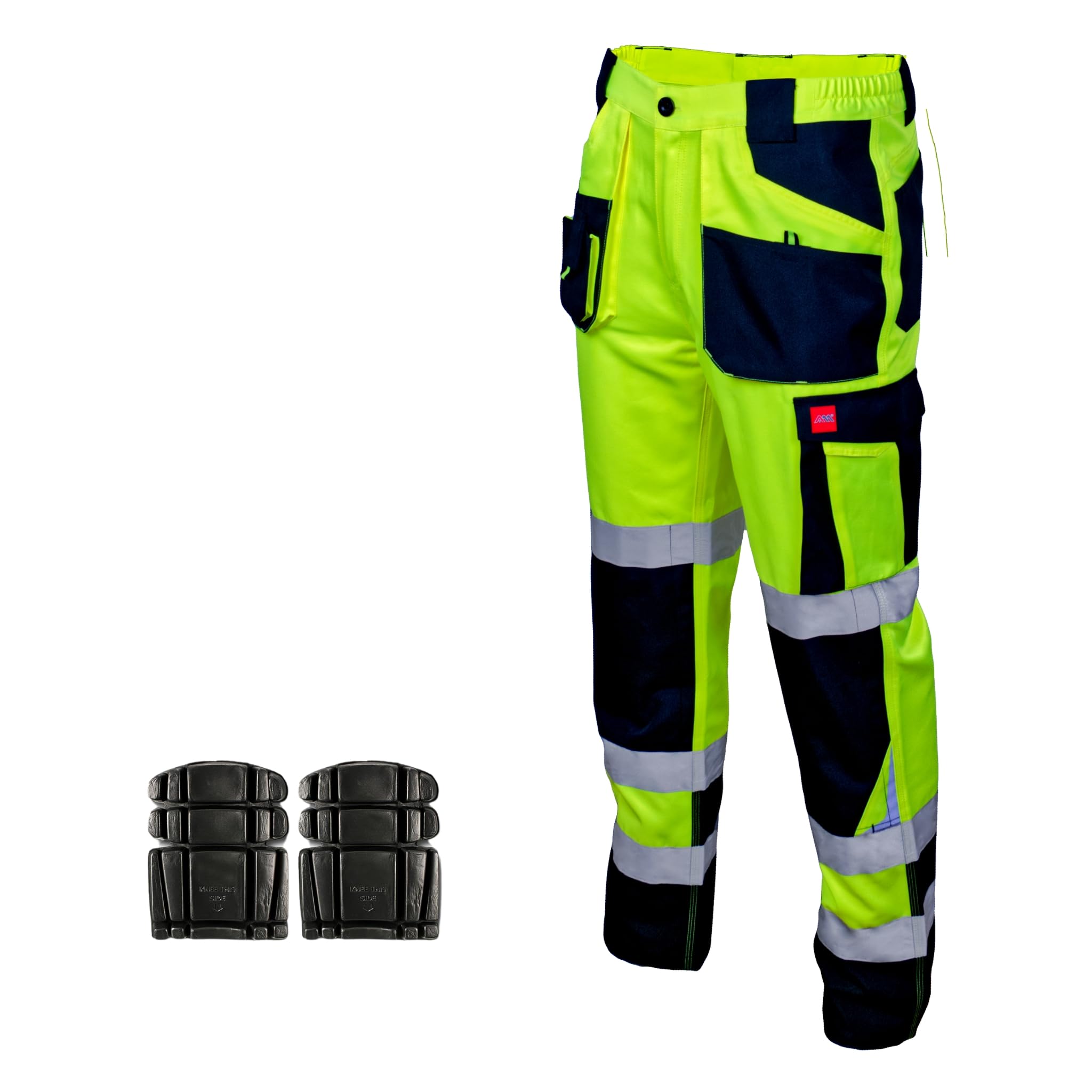 Art.mas Men's Yellow Hi-Vis Trousers For Work Pants Reflective Class 2 Hi-Vis Workwear Iso 20471 Comfortable Construction Highway Railway Maintenance Cargo Pockets (30/32 Inch - 48Eu, With Knee Pads)