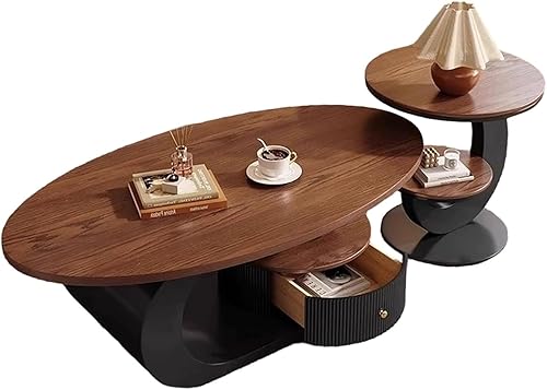 Juego de mesa de centro ovalada moderna de 2 piezas, mesas de centro anidables con almacenamiento, mesa auxiliar con marco de metal, mesa de centro