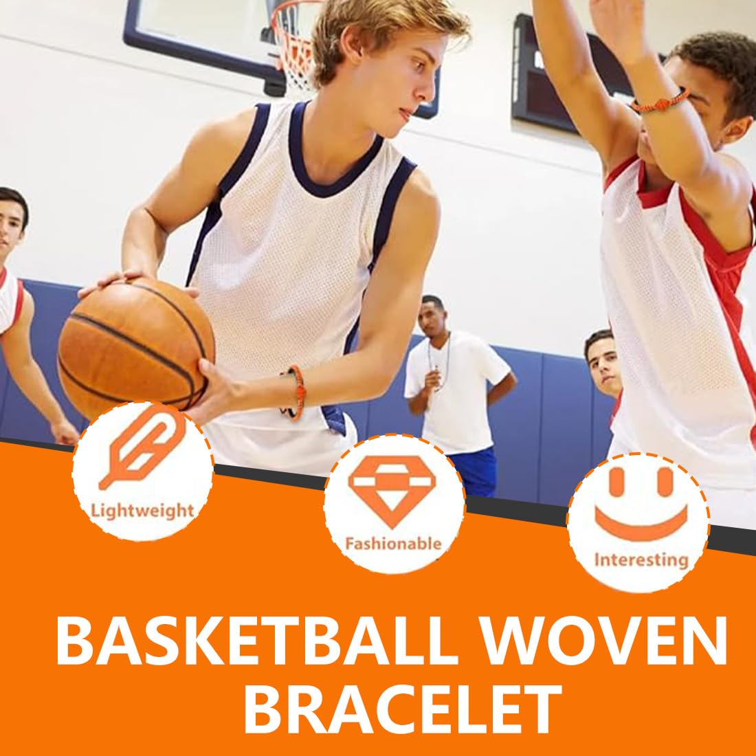 Pulsera de la amistad de 2 piezas, cuerda negra y naranja, colgante de baloncesto de silicona 3D, pulsera de baloncesto para niños, un gran regalo para los amantes del baloncesto.