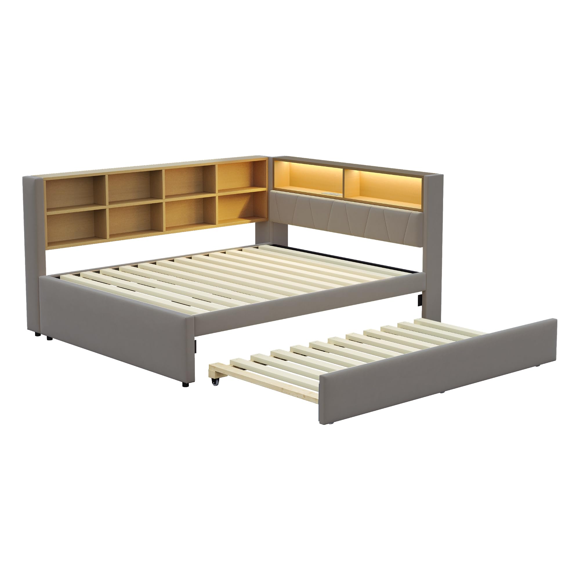 Letto imbottito Daybed 140x200cm, Divano letto con letto estraibile, Letto matrimoniale con luci LED, Prese e scomparti, Divano letto multifunzionale, Telaio del letto, Flanella (Grigio scuro