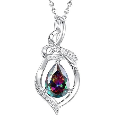 FANCIME Teardrop Gemstone Necklace for Women S925 Sterling Silver Elegant Ribbon Pendent Birthday Gifts for Her, 16