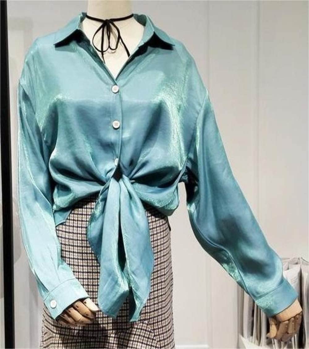 Parte Superior Elegante,Blusa De Satén para Mujer, Camisa Azul De Manga Larga, Camisas De Seda De Moda Vintage, Camisa De Negocios con Botón, Blusas De Fiesta Sexy, Blusa De Oficina De Trabajo Infor