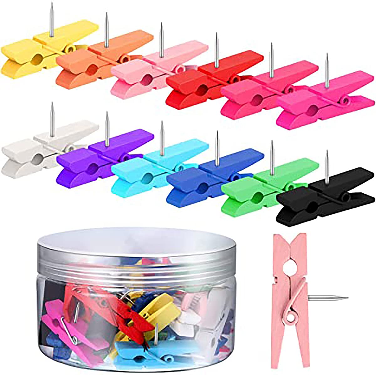 KASTWAVE Multicolored Wooden Clips Push Pins Clips Pushpin Tacks Wooden Crafts Pins for Cork Boards Crafts Arts Projects Photo Supplies (50)