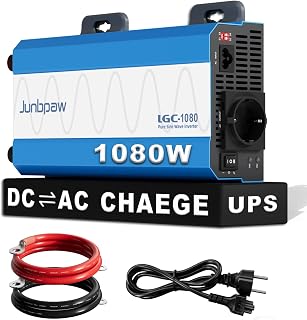 1080W Reiner Sinus Wechselrichter 12V auf 230V 50Hz, 3‑in‑1 mit USV, 18A Ladefunktion & Netzpriorität, kompatibel mit GEL/LiFePO4/AGM, Notstrom für Wohnmobil Homeoffice Haushalt