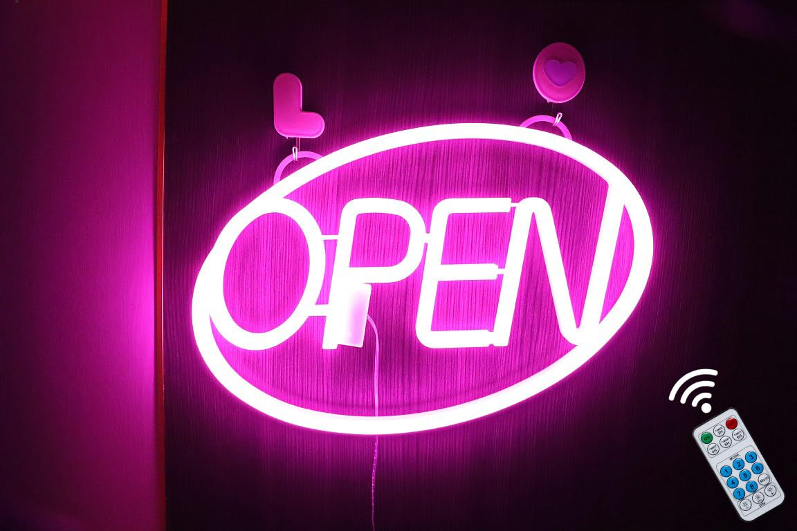iKefe 16 x 10 Inch LED Neon Light Up Open Sign with Remote Timer, Large Outdoor USB Powered Open Closed Door Neon LED Lighted Signs for Business, SPA, Nail, Hair Salon, Bar, Massages, Beauty (Pink)