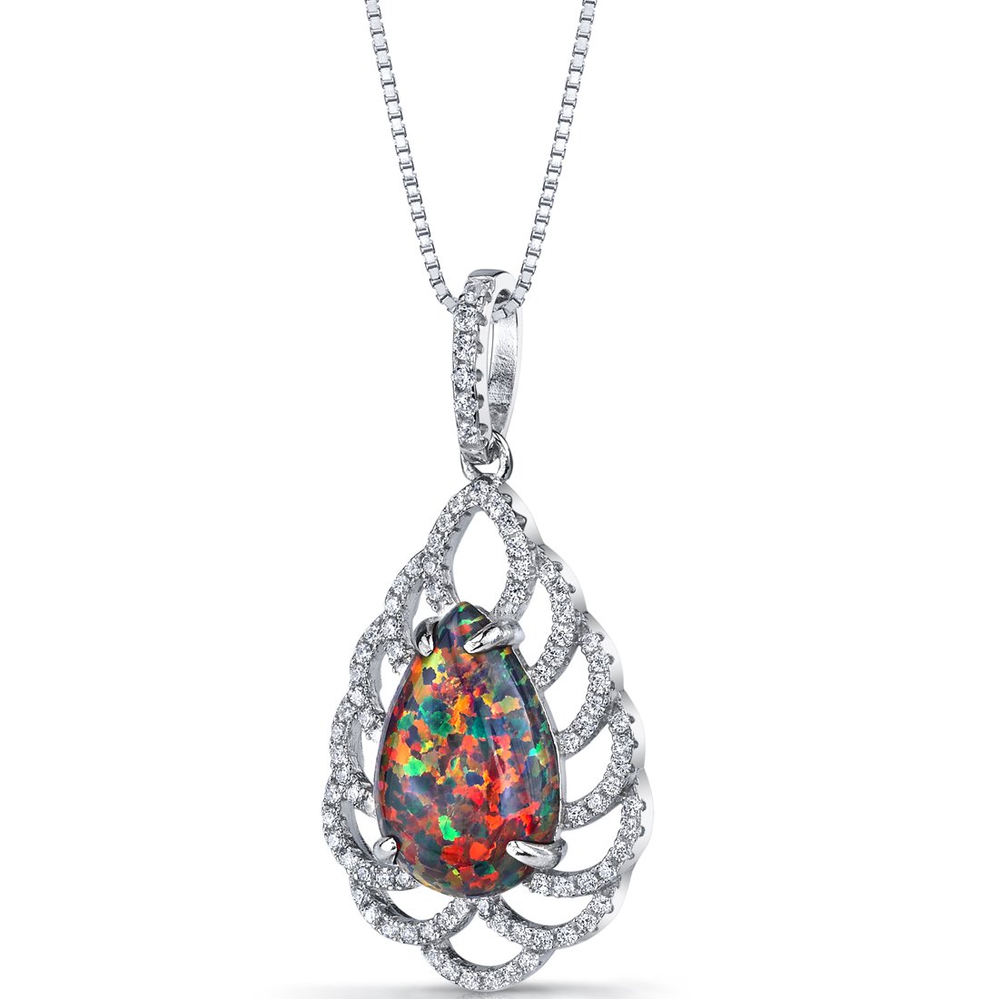PEORA Created Black Fire Opal Vintage Teardrop Pendant Necklace for Women 925 Sterling Silver, Large 2.75 Carats total Pear Shape 15x10mm, with 18 inch Chain, October Birthstone Necklace,