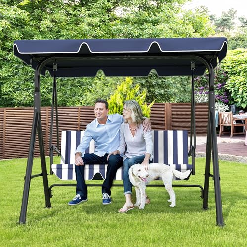 Image of GARTOO 3-Seat Patio Swing Chair, Outdoor Porch Swing with Adjustable Canopy and Durable Steel Frame for Patio, Garden, Poolside(Nevy Blue)