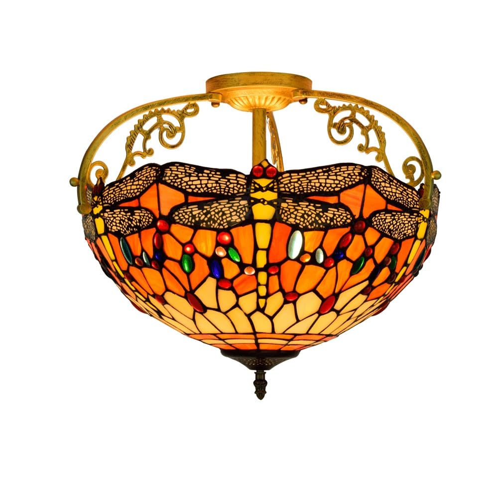 HJRegaFimu 16 Inches Semi Flush Mount Ceiling Light Large Stained Glass Uplighter Lamp Orange Dragonfly Vintage Style Deco Chandelier For Living Dining Room Bedroom Corridor