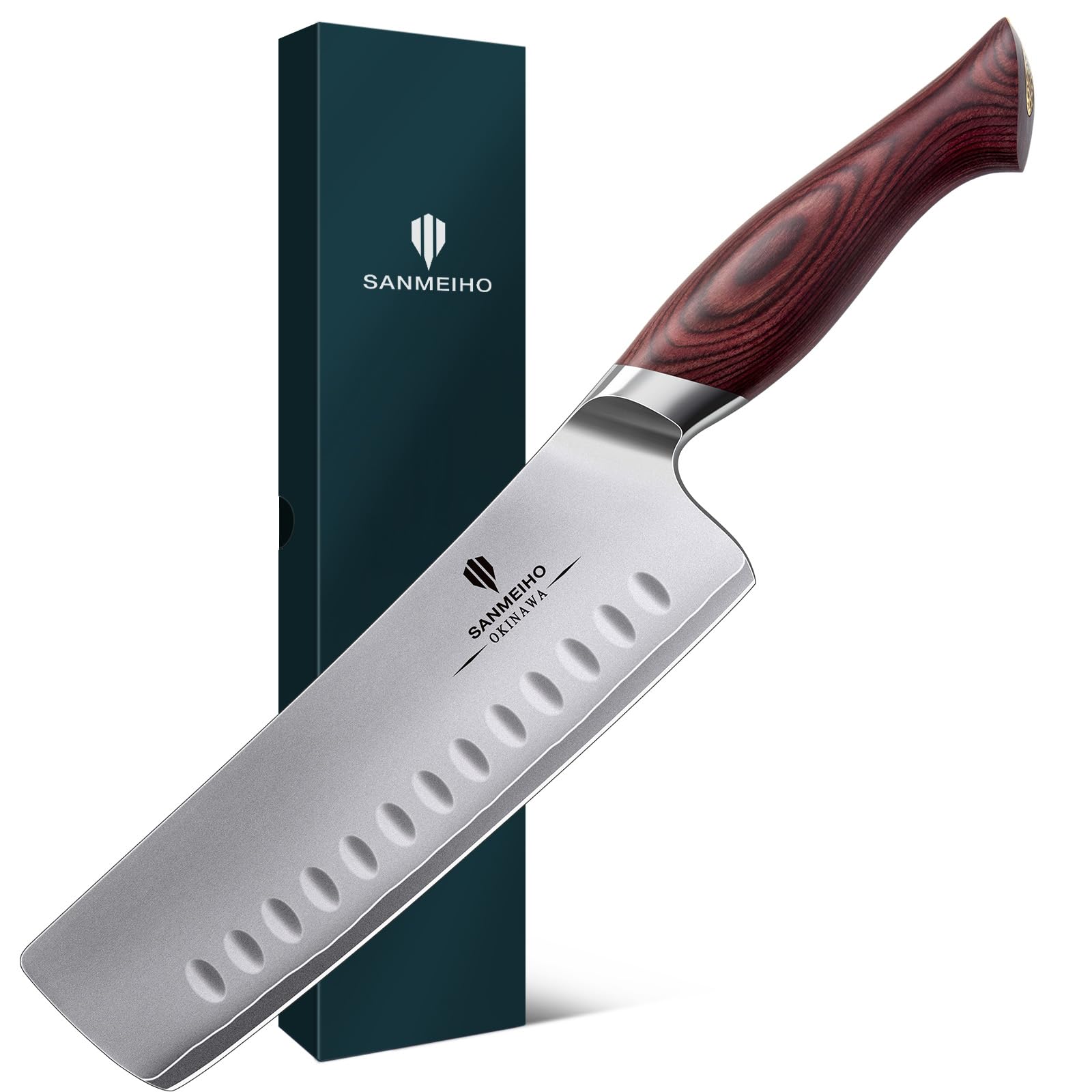 SANMEIHO Coltello Nakiri 18cm, Coltello da Cucina Giapponese per Carne Verdure, Coltello da Chef Lama Acciaio Inossidabile ad Alto Tenore di Carbonio 10Cr15Mov e Impugnatura Ergonomica in Legno Pakka