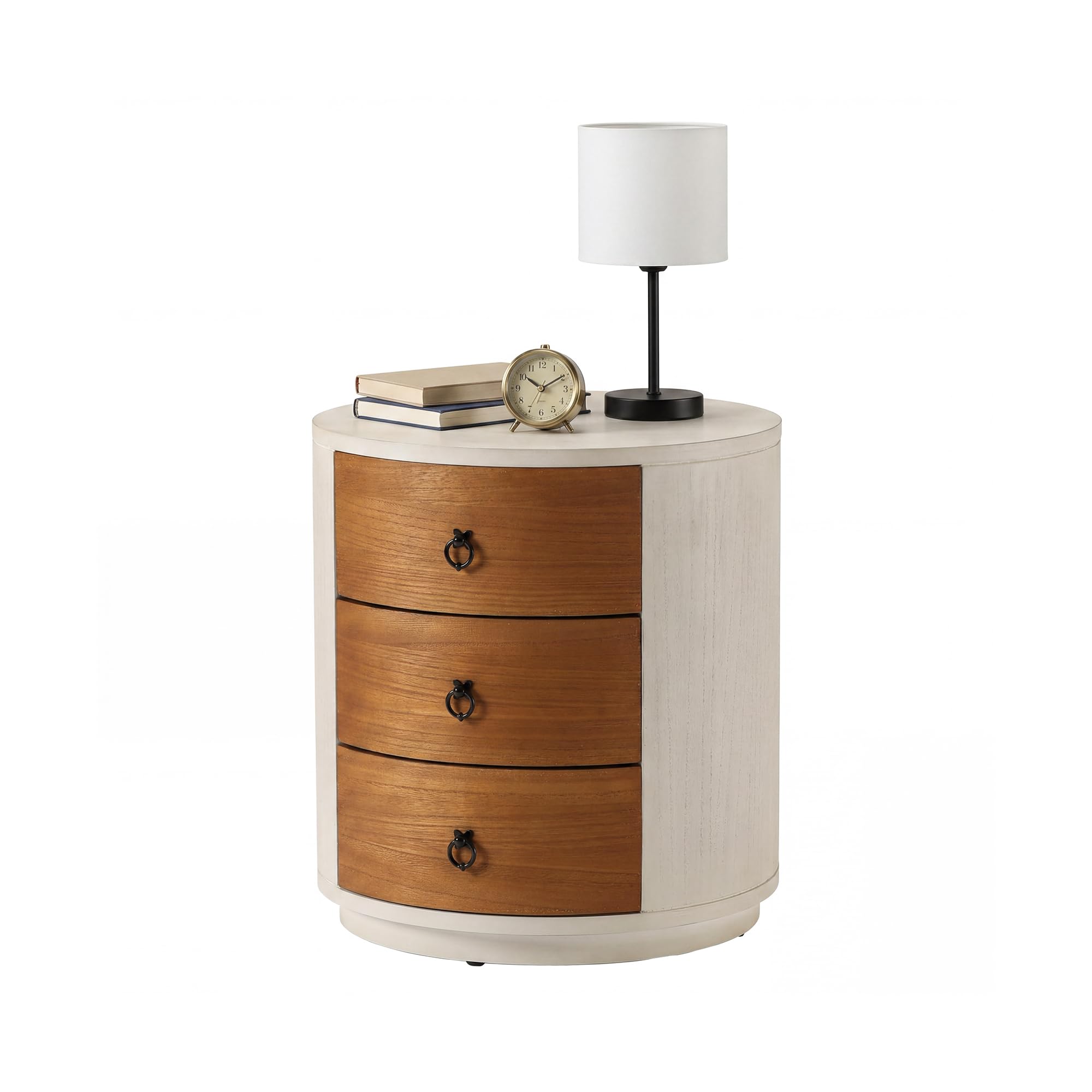 HOMPUS Fully Assembled Round Nightstand, 3 Drawer Chest of Drawers, Wood Farmhouse Dresser, Retro Modern Night Stand, Wood Rustic Dresser with Drawers for Bedroom, Brown + Antique White