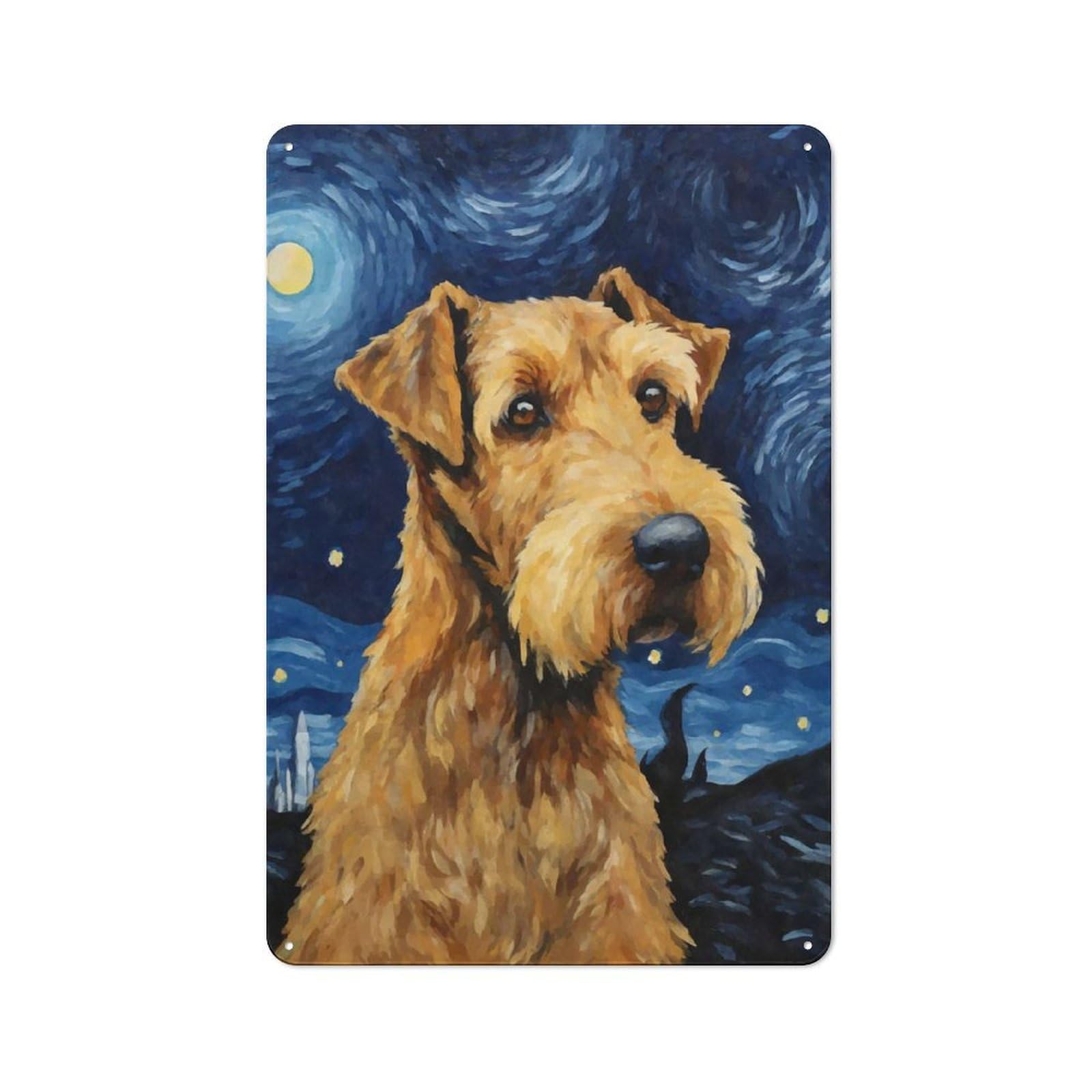 Vintage Vintage Tin Sign 30x20cm Featuring Airedale Terrier Night, Cafe Wall Decor for Coffee Bar, Kitchen, Bistro Or Tea Corner