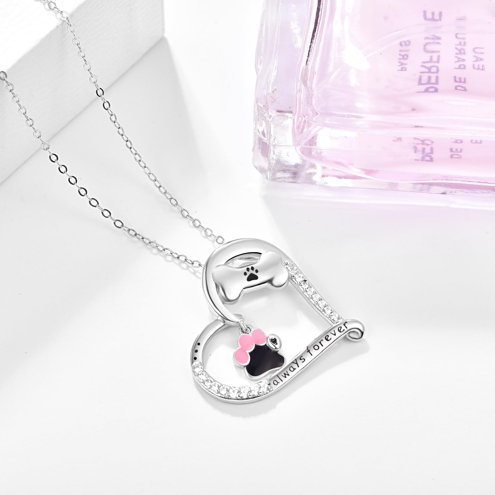 KINGWHYTE Dog Necklace 925 Sterling Silver Paw Print Necklace Heart Bone Necklaces Animal Jewellery for Women Pet Memorial Gifts for Dog Lovers Women - Image 2