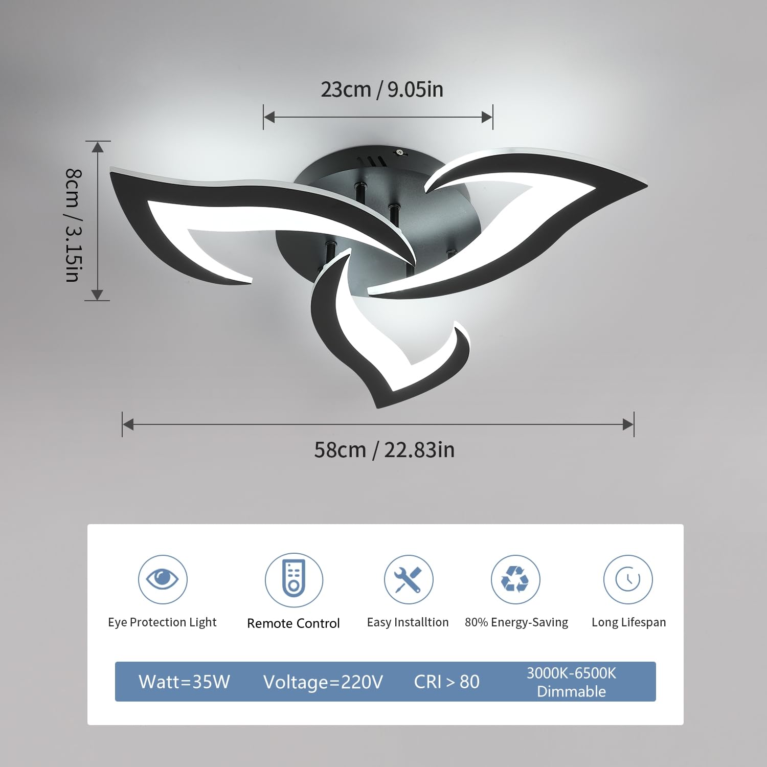Dorlink Plafoniera LED Dimmerabile, 35W 3150LM Plafoniera LED Soffitto con Telecomando/APP, Lampadario LED Fiore Nero, 3000K-6500K Lampadario Soggiorno, Plafoniera per Cameretta, Cucina, Ø58CM