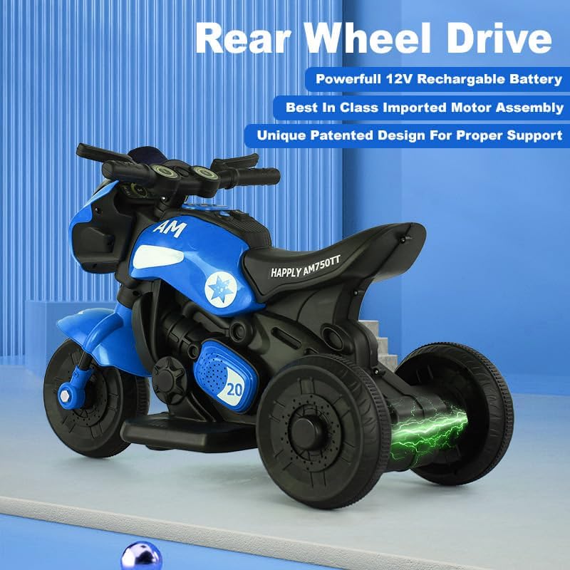 Image of Ninja Ev Kids Battery Operated Bike Rechargeable Ride on for Boys and Girls with Music and Lights, Forward and Backward Gear, Built in MP3 Player Baby Bike with USB Port (Blue)