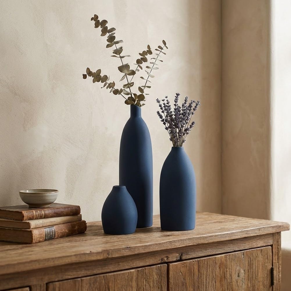 Keramik Vase 3er Set - Moderne Dekorative Vasen, Kleine Blumen Keramik Vase Sets, Boho Bauernhaus Rustikale Vasen für Wohnzimmer, Küche, Schlafzimmer, Badezimmer, Regal, Tisch (Blau)