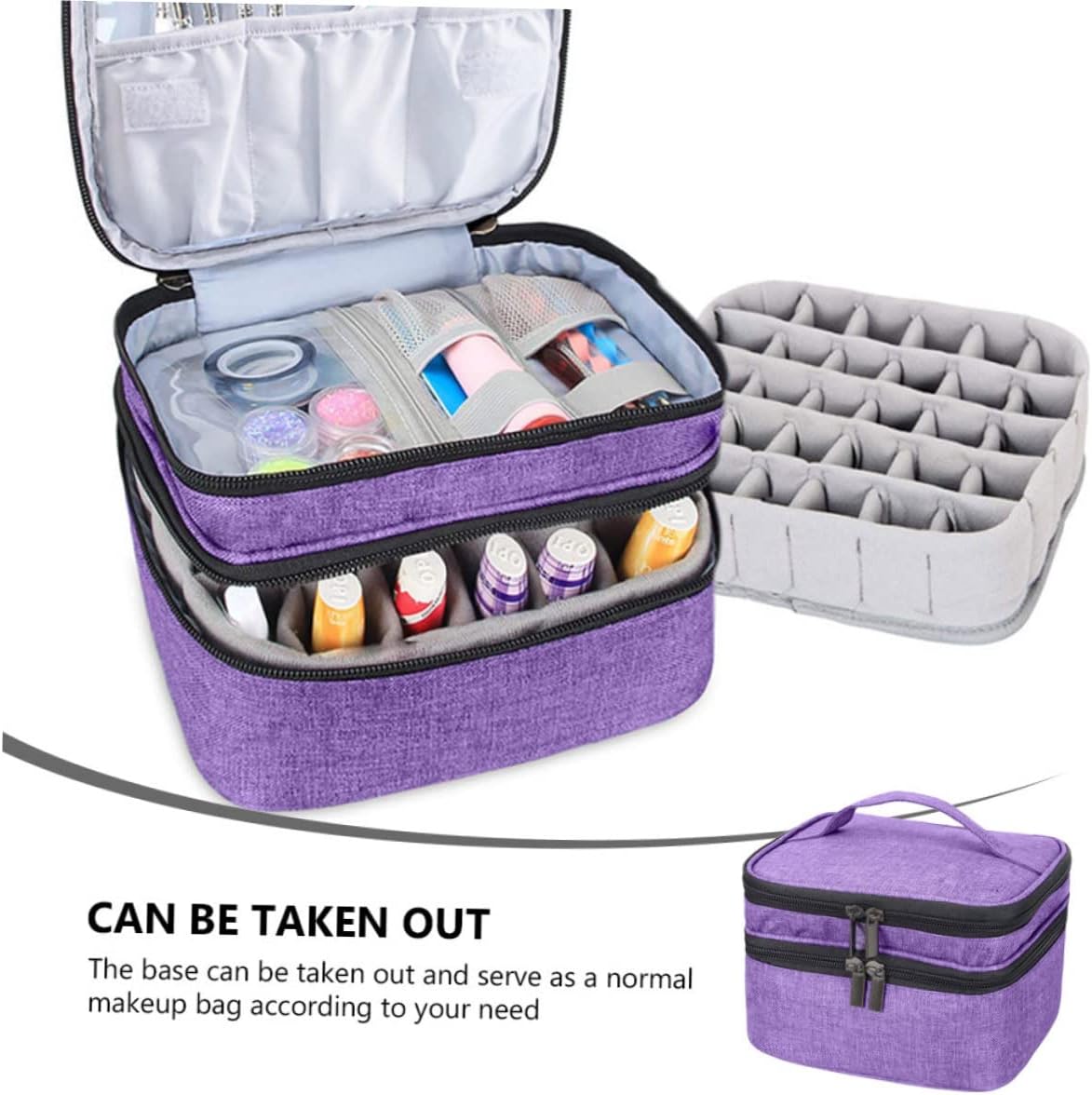 30grids Essential Oil Storage Case Nail Polish Bag with Removable Base Double Layer Organizer Holds Bottles for Travel and Home Use Durable Purple
