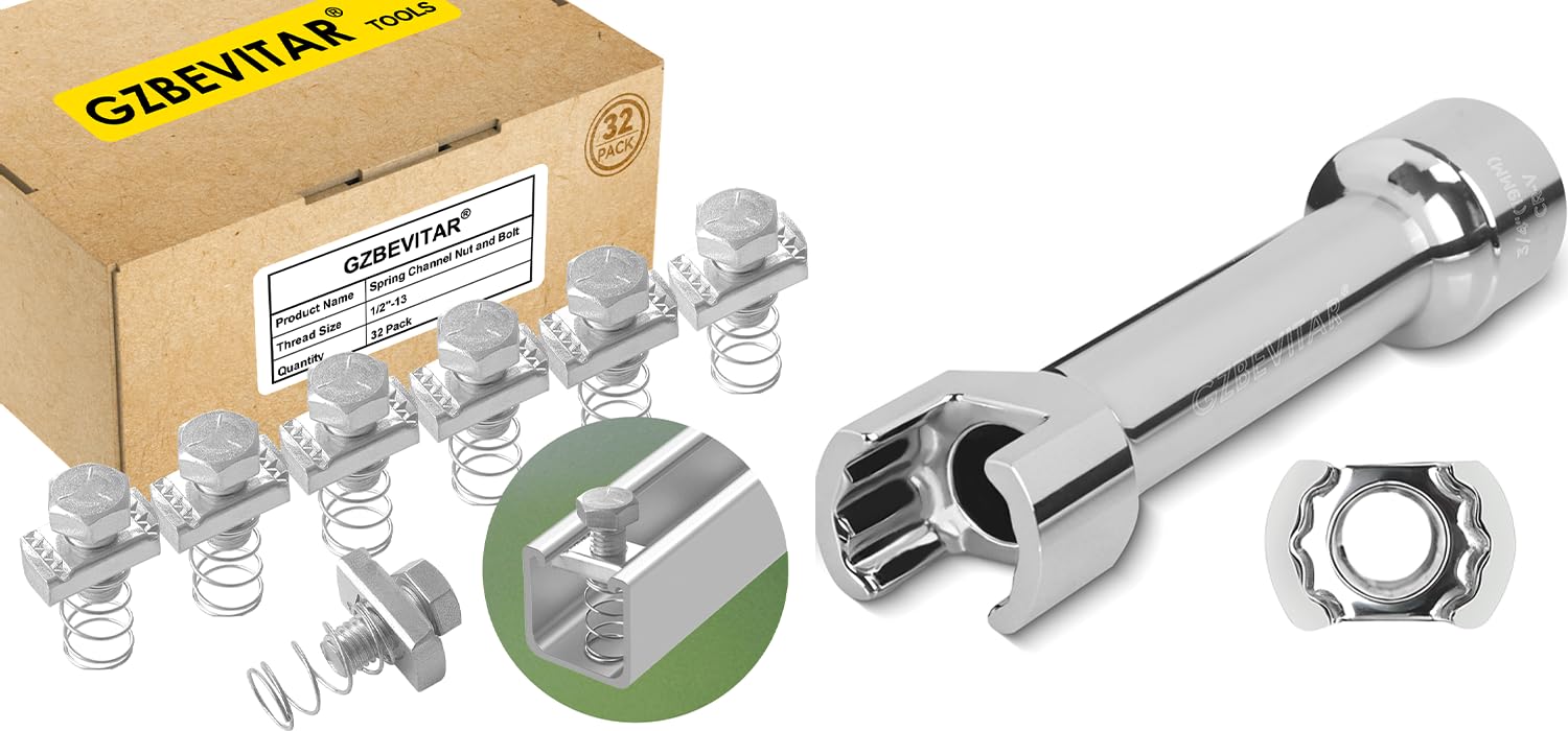 1/2"-13 Spring Channel Nut and Bolt - 32 Pack, 1/2″ Drive 3/4″ (19mm) Strut Channel Impact Socket