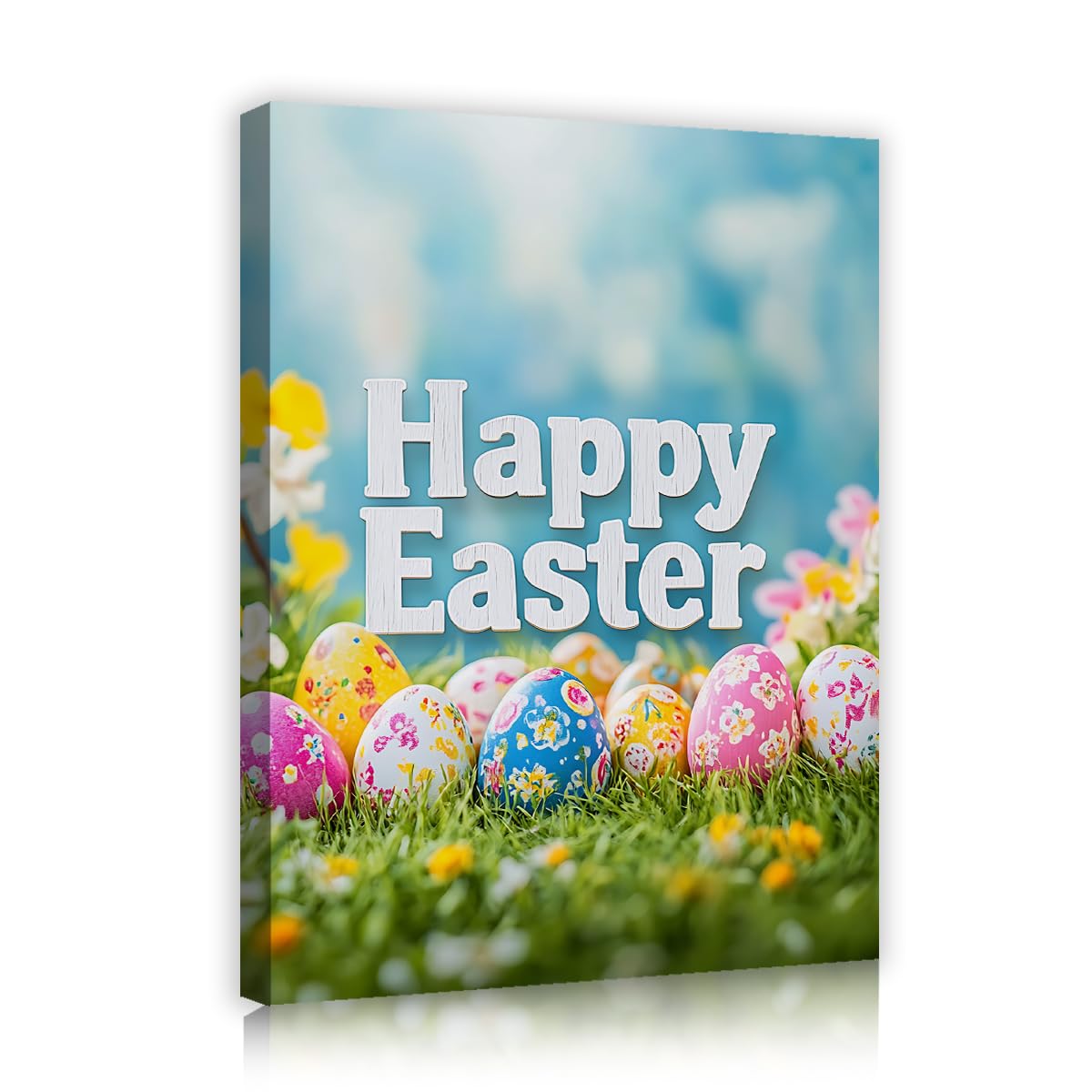 Arte en lienzo Huevos de Pascua felices Estampado floral en lienzo Huevos coloridos Pinturas para dormitorios Flores primaverales Arte mural de cielo azul para cocina 70x90cm Marco interior