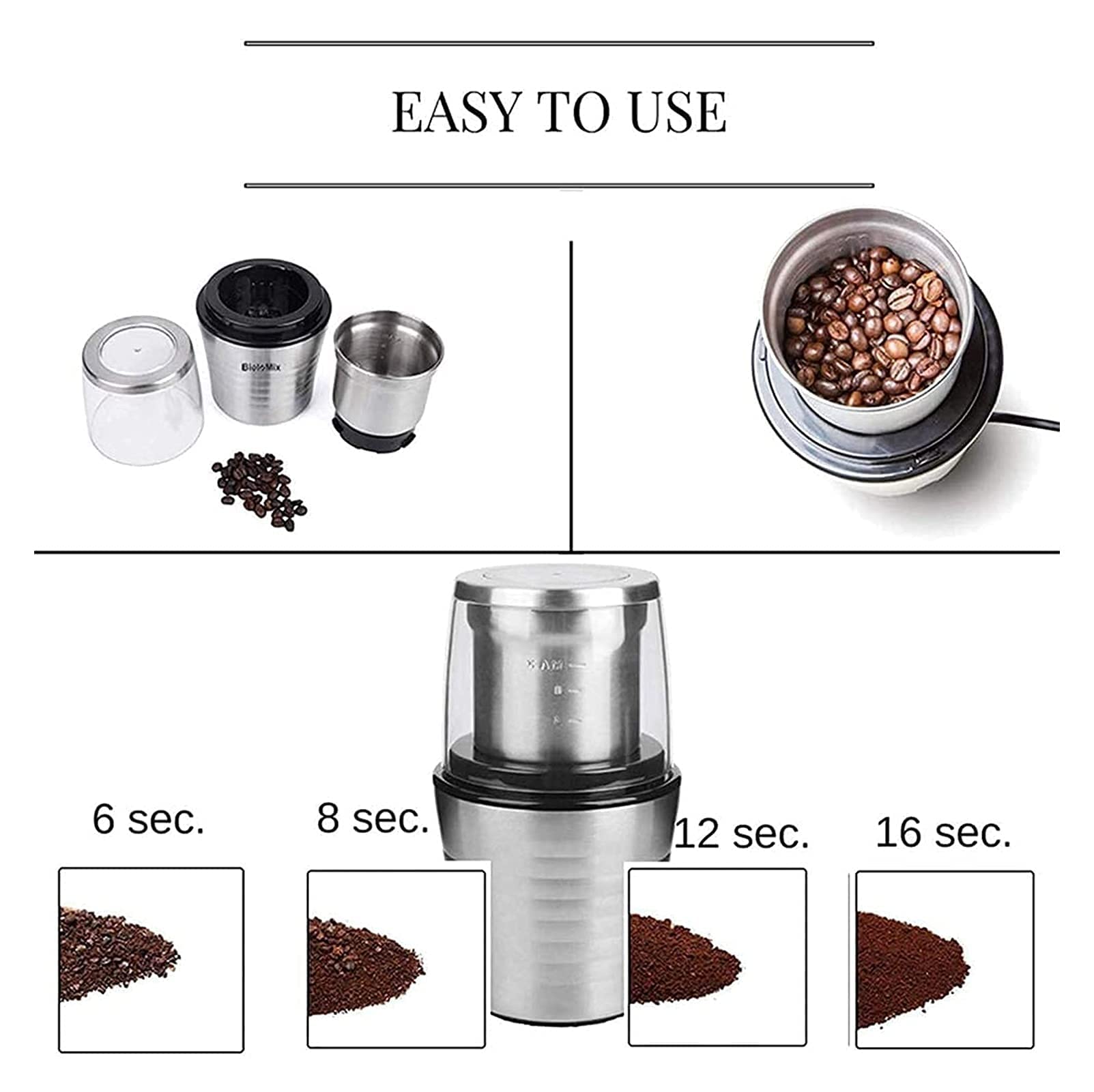 Moulin à épices, moulin à café électrique, mélangeur humide et sec, 2 en 1 double tasses humides et sèches 300w Moulin à épices et grains de café électrique Corps et lames en acier inoxydable pour