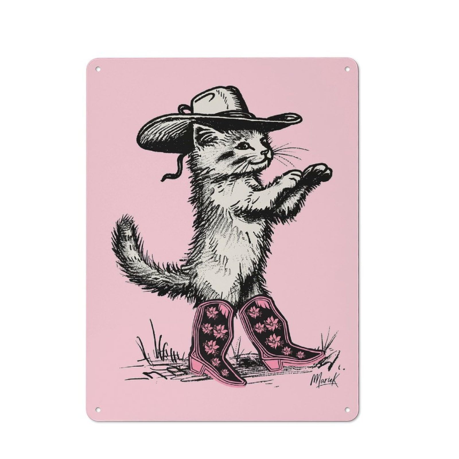 Dancing Cowgirl Cat Decorative Metal Plaque, Easy to Hang Plaque for Garden Shed, Covered Patio, Kitchen Or Hallway, 40x30cm