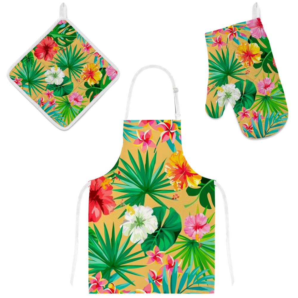 Tablier de cuisine 3 pièces avec maniques et gants de four au motif floral