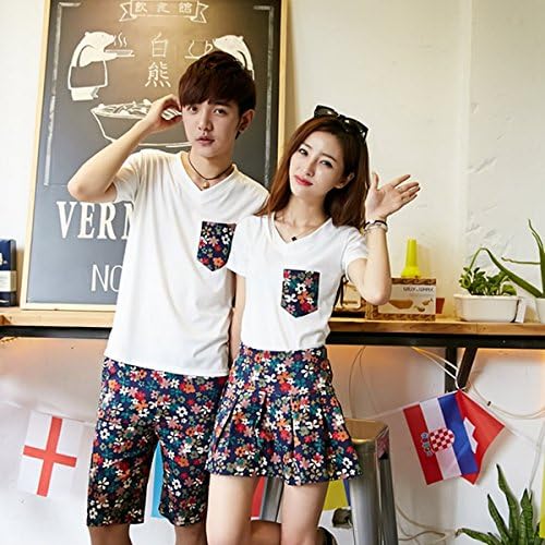 Amazon Co Jp ペアルック カップル ｔシャツ お揃い おそろい 恋人 半袖 ルームウェア 上下セット 夏 セットアップ スウェット メンズ レディース ペアルックｔシャツ 白 無地 ペア カップル ウェア ひげ チェック柄 菱形 セット Happy Online 女s ブルー ファッション