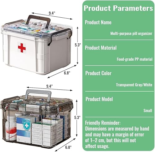 Large Capacity Medicine Organizer Box with Handle, Plastic Medicine Container with Tray First Aid Box Empty, Thickened medicine Storage Organizer Multipurpose medication Organizer (A)