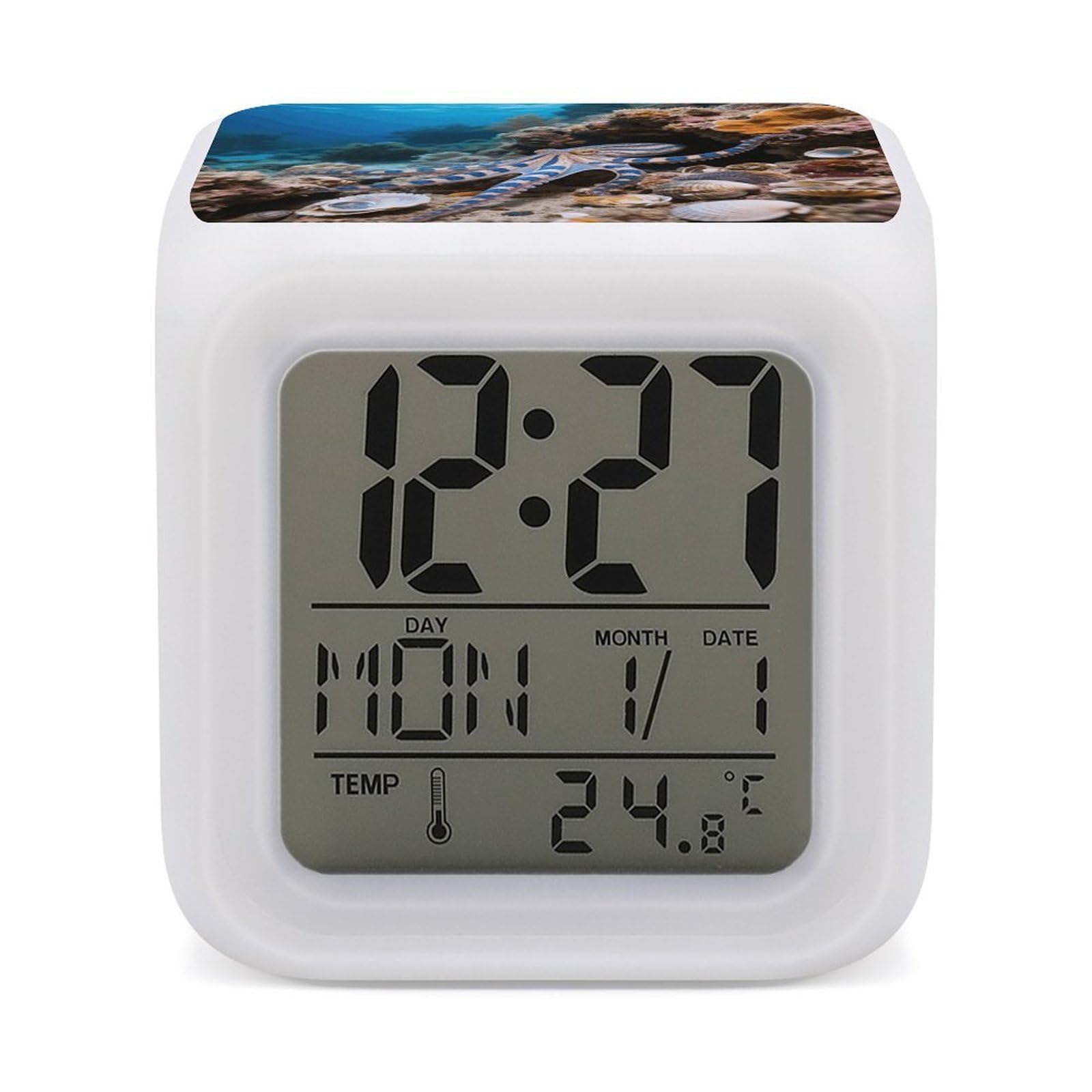 7 Color Ambient Night Light Cube Battery Operated Blue - Ringed Octopus Digital Clock with Snooze Temperature LED Digital Alarm Clocks Dimmable Wake Up Light Portable Mood Lamp for Bedroom Desk Gift