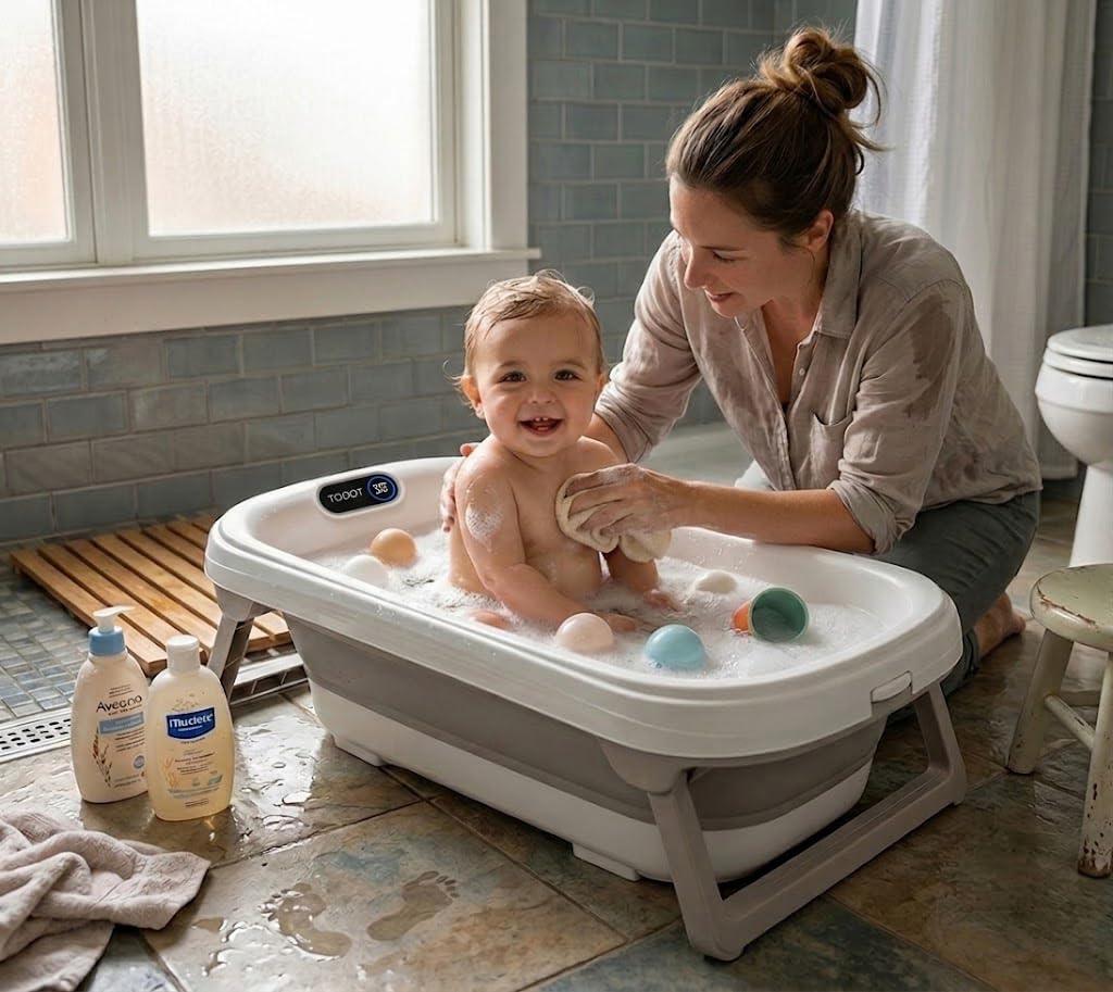 Baignoire Bébé Pliable XXL 86cm avec Thermomètre Intégré, 0-4 Ans, Coussin de Bain Doux amovible, Bonde de vidange, Design Antidérapant et Gain de Place, Crochet de Suspension Rétractable
