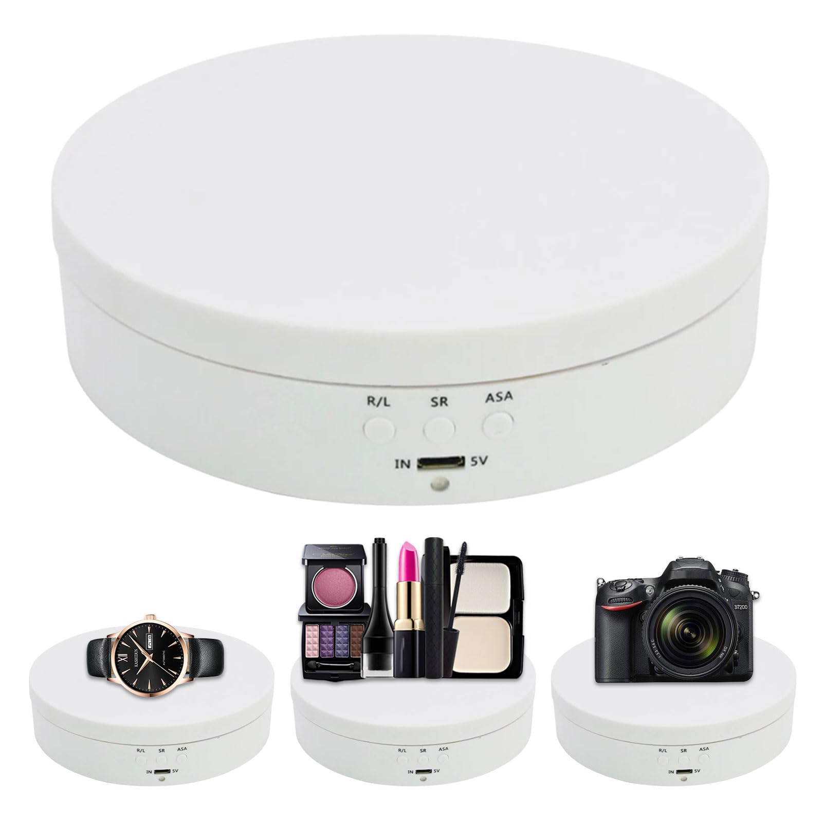 JASOLYI 360° Rotating Display Stand, Automatic Mute Rotating Turntable 13.8cm Angle and Direction Adjustable Turntable for Theme Exhibition, Window Display, Product Display(white,matte)