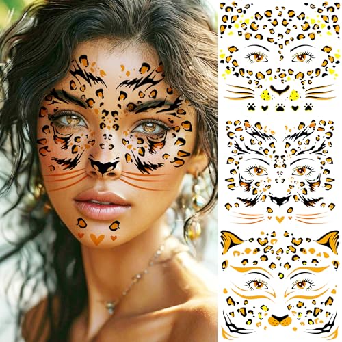 Image of 6 Sheets Glitter Gold Metallic Leopard Print Temporary Tattoos For Face Tattoos Halloween Costume, Realistic Flash Golden Panther Pattern Fake Tattoos Face Makeup Freckles Decals Cosplay Party Favors