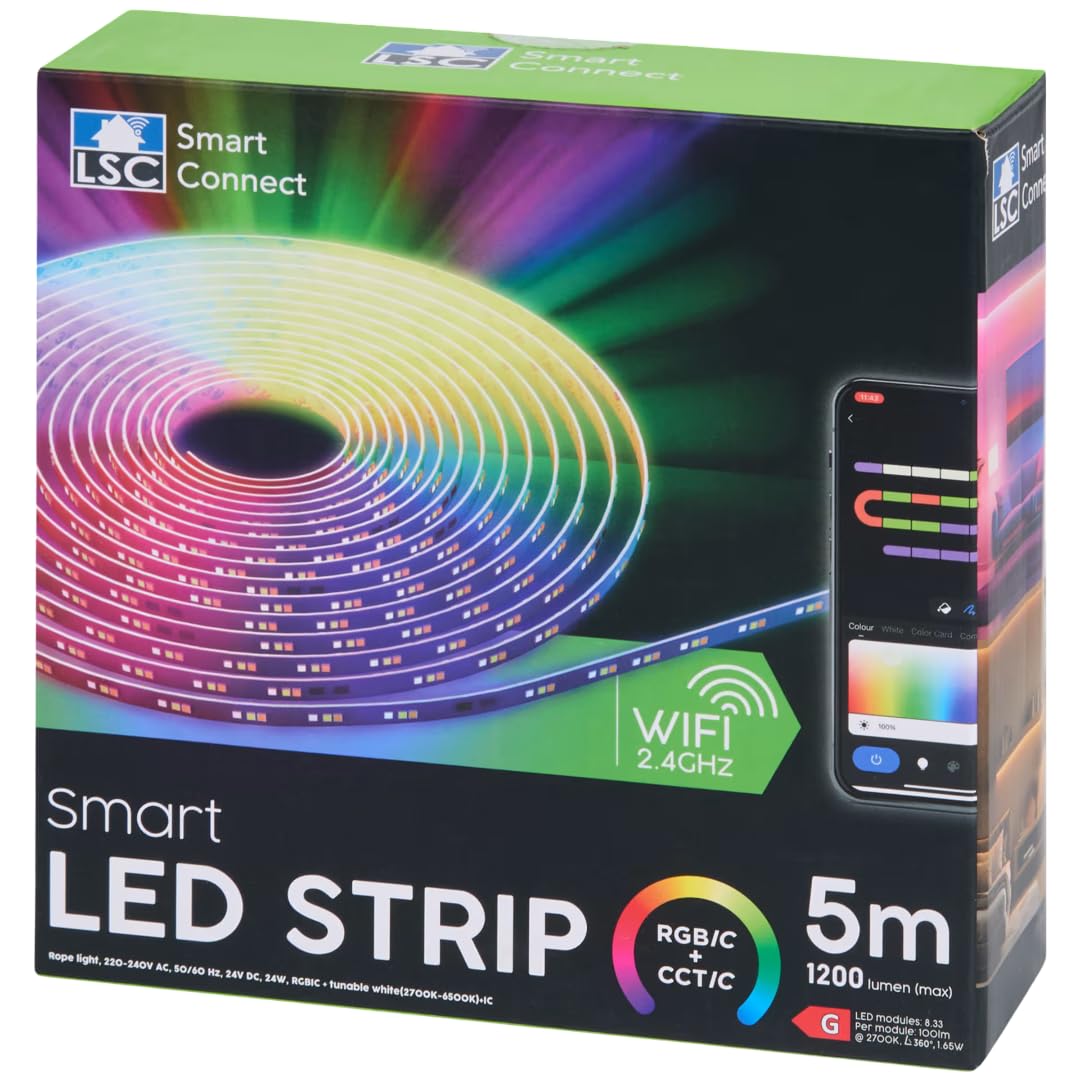 Ruban LED Connecté WiFi 5m - Bandeau Lumineux RGB & Blanc Variable - Compatible Alexa, Google Home & App LSC - Kit Complet avec Télécommande - Éclairage Intelligent Dimmable & Découpable