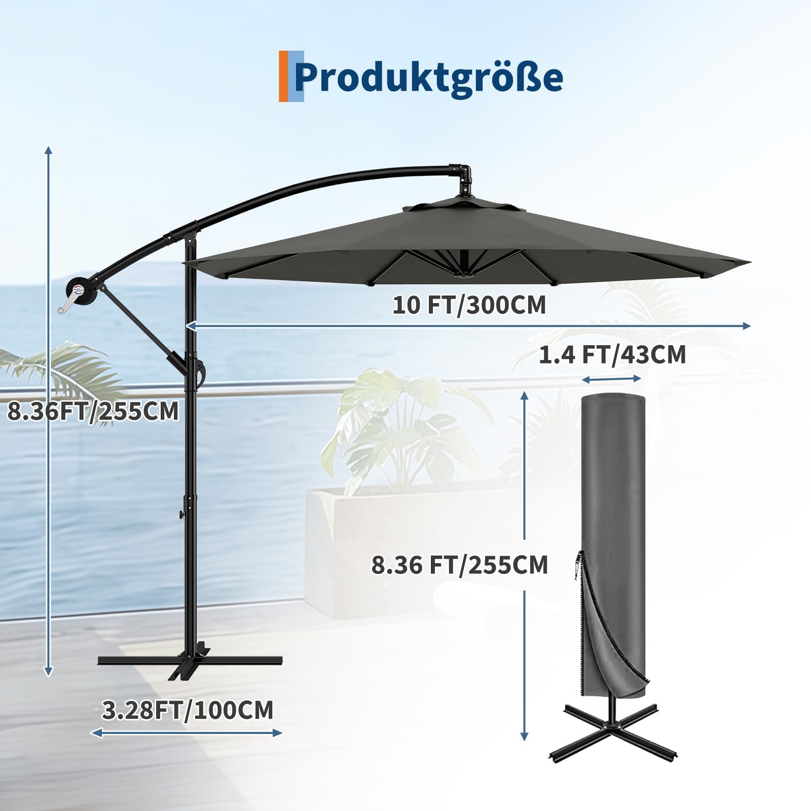 Sombrilla redonda de 3 m exterior con manivela, parasol voladizo reclinable y giratorio 360°, base cruzada, bolsa de transporte, impermeable y anti UPF 50+, para jardín, terraza, balcón, piscina