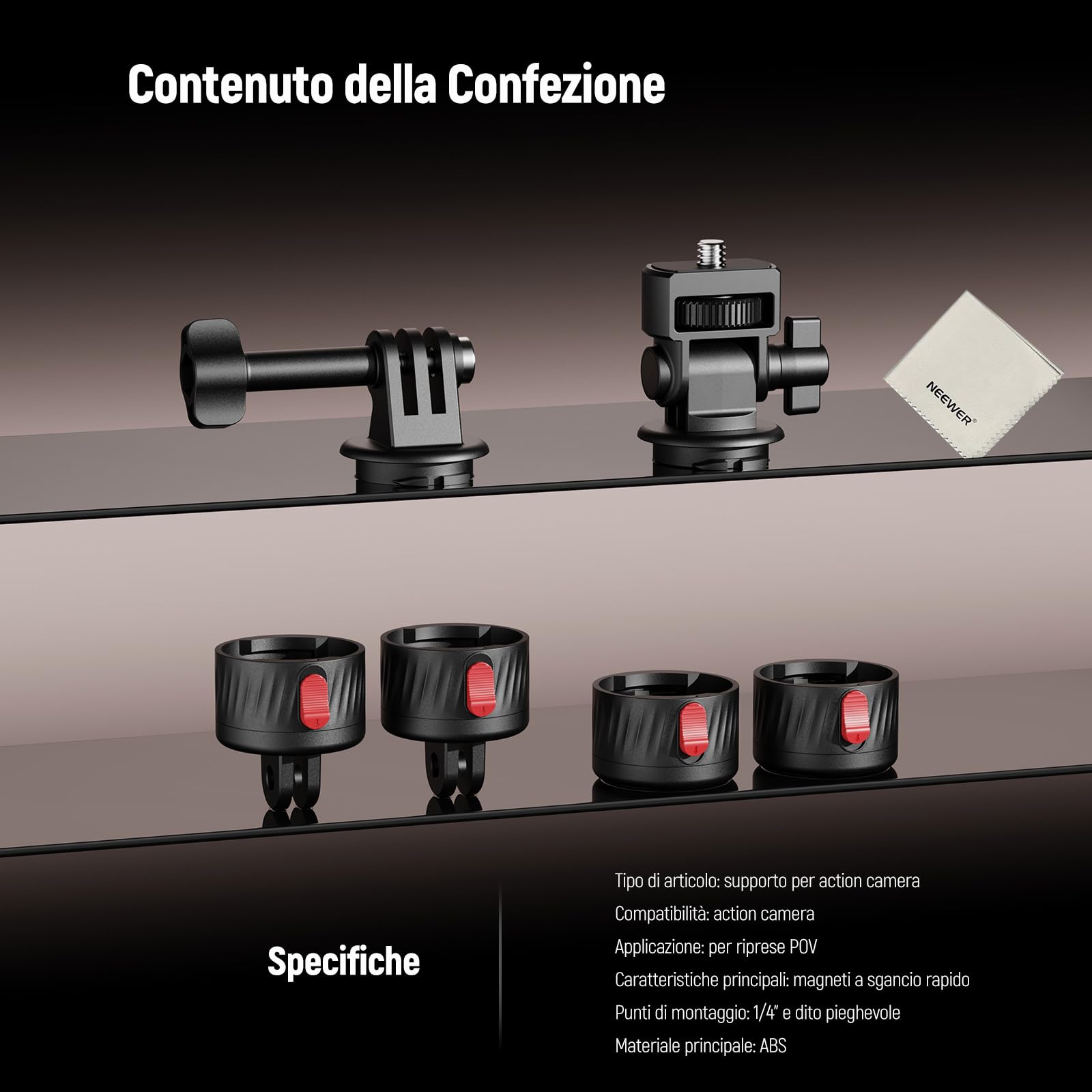 NEEWER GP-24 Kit Accessori di Supporto Action Camera per Riprese POV, Attacco Magnetico a Sgancio Rapido 4in1 in ABS con Filettatura 1/4" e Panno Pulizia Compatibile con GoPro DJI Osmo Action Insta360