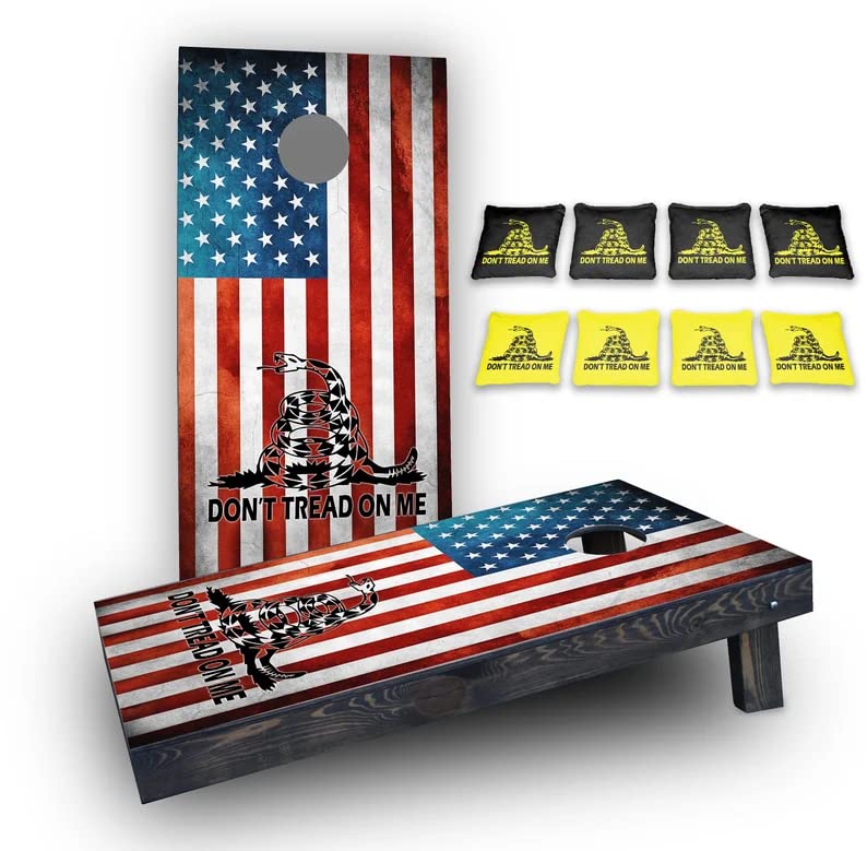 Cornhole Board Set: Don't Tread On Me American Flag Look Custom Cornhole Boards Game Set. Perfect for Backyard, Beach, White
