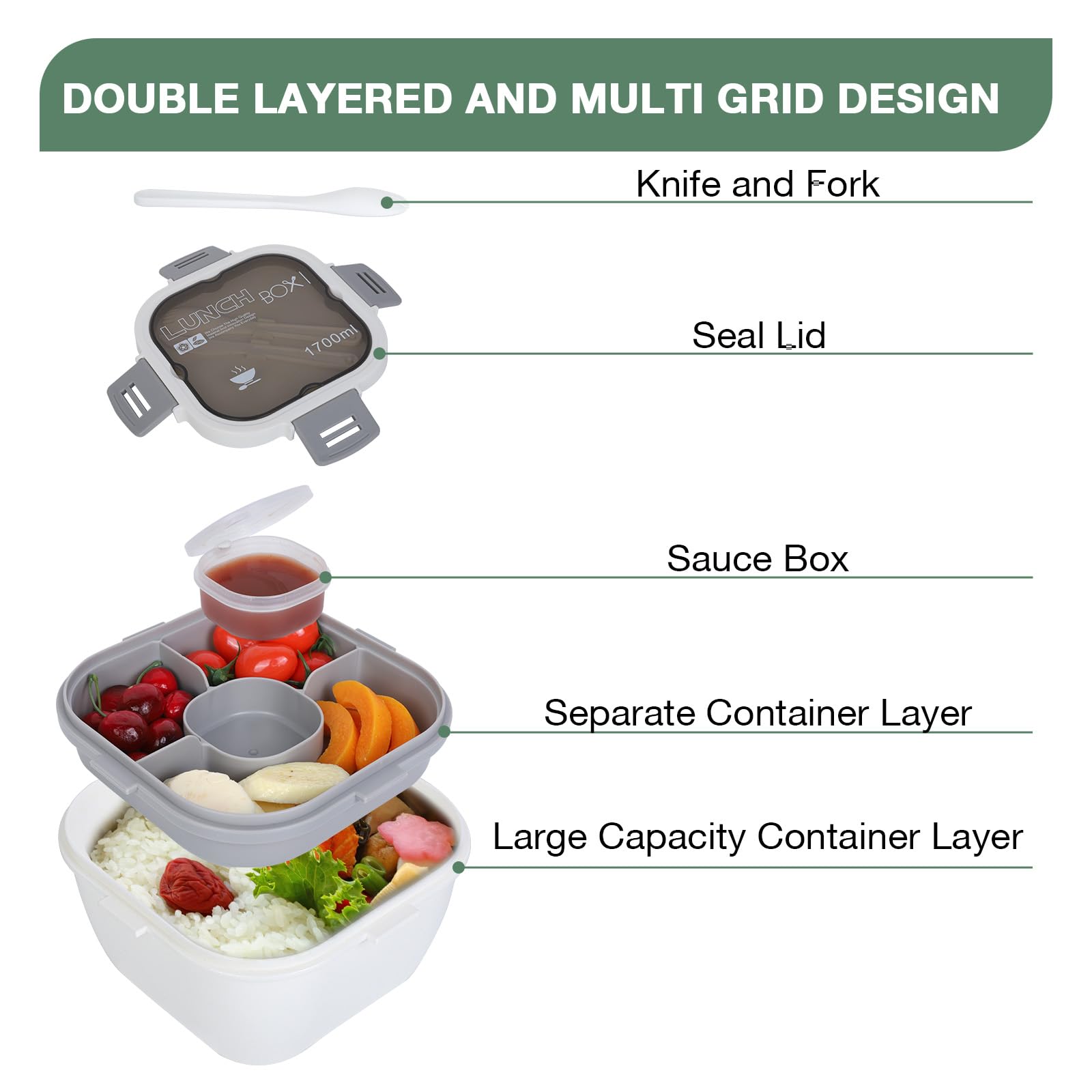Cozary 1700ml Fiambrera Infantil Compartimentos, Bento Box, Microondable, Lunch Box con Cubiertos para Escuela, Picnic, Oficina, Libre de BPA
