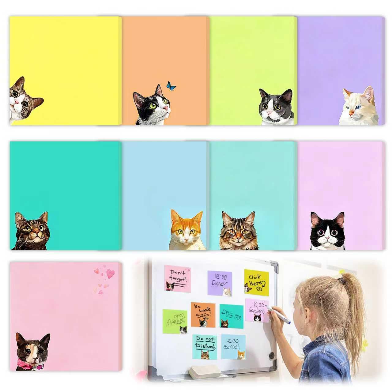 YeahBoom 450 Sheets Sticky Notes for Small Cats Kawaii Notes, Colourful Animal Sticky Notes, Cute Super Sticky Notes, for Office Pages, Study 76 x 76 mm