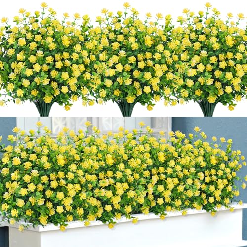 Image of Bassion Artificial Flowers for Outdoors Decoration UV Resistant, Yellow | faux plants, fake plastic eucalyptus, greenery stems, indoor outdoor use, Garden fence patio window box porch planter decor
