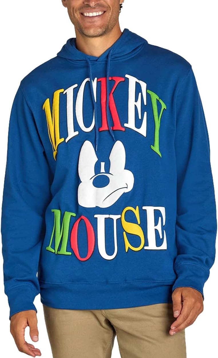 Disney Mickey Mouse Hoodie Men's Puzzled Face Block Letter Design Adult Pullover Sweatshirt