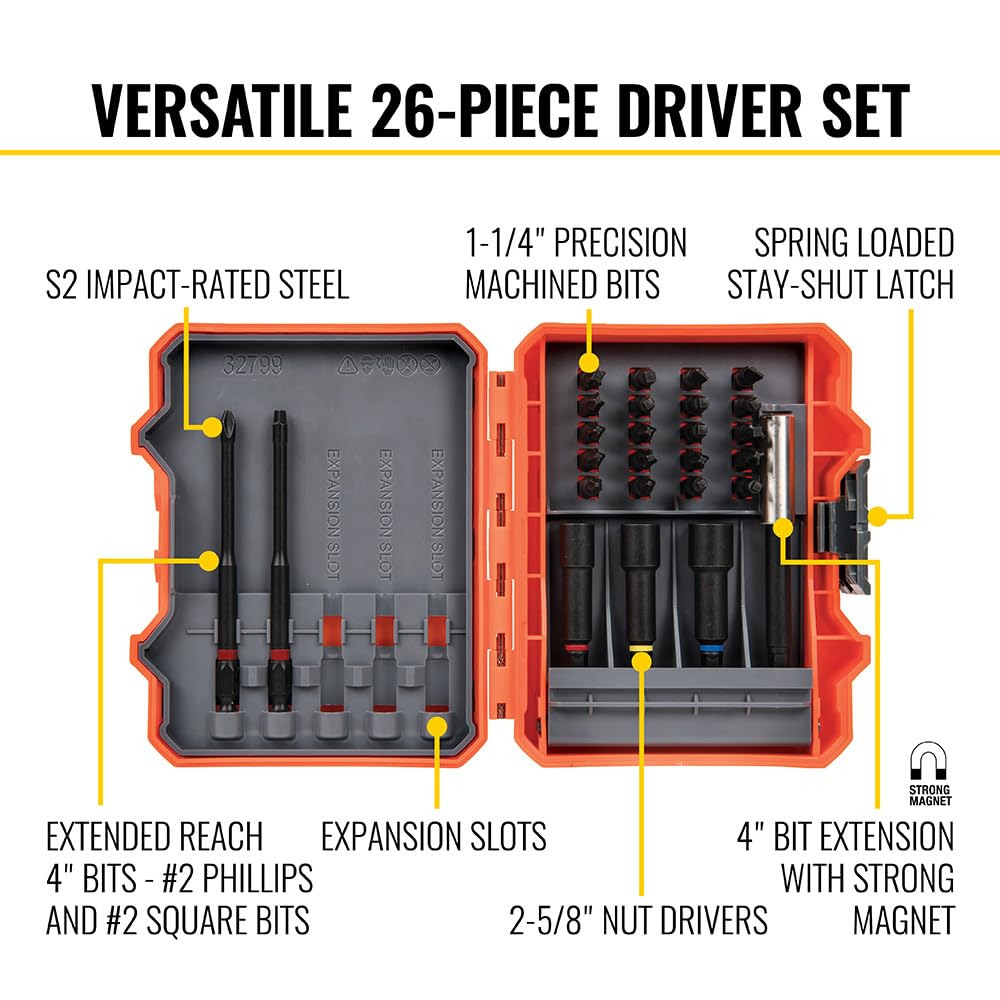 Klein Tools 32799 Impact Driver Bit Set, 26 Piece Nut Driver Bit Set with Case