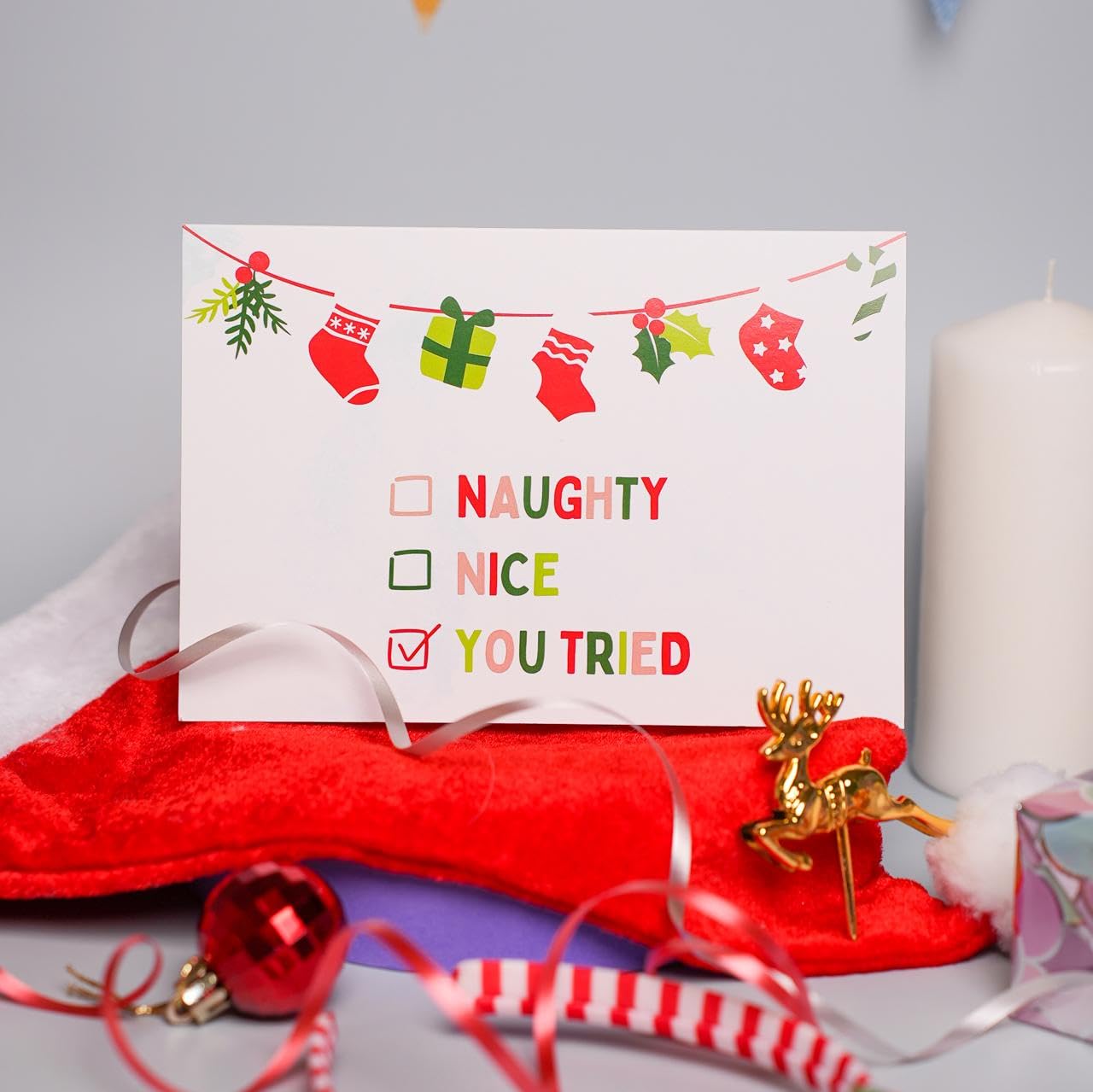 Paperplay Funny Christmas Card – Naughty, Nice, You Tried | Cheeky Xmas Card for Friends, Partner or Colleagues, Matte Thick Paper and Professional Color Print, 5.3x7.6 Inches (with Envelope)