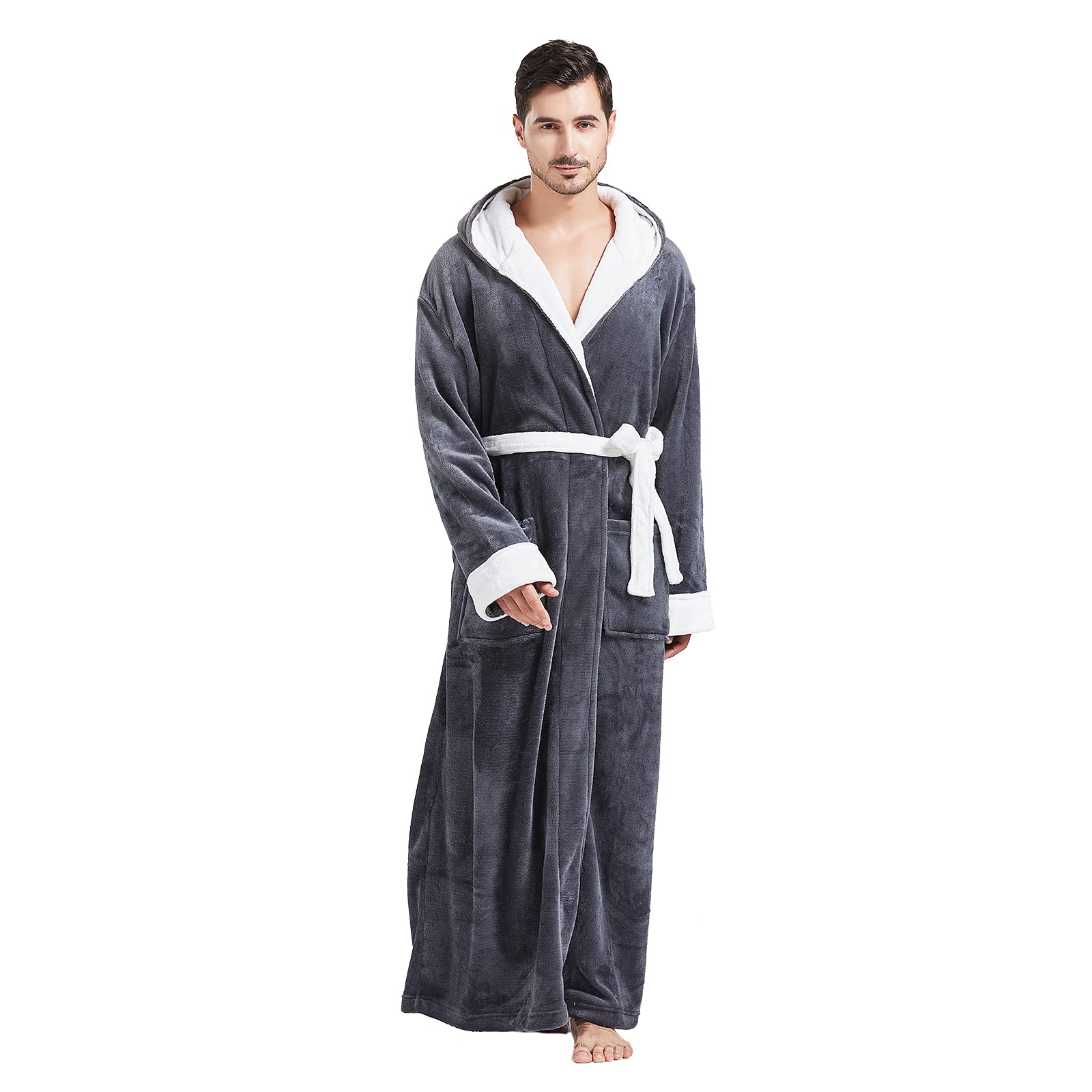 FashGudim Mens Robes Big and Tall with Hood Two-Tone Flannel Fleece Contrast Bathrobe Full Length Plush Long Robe House Coat