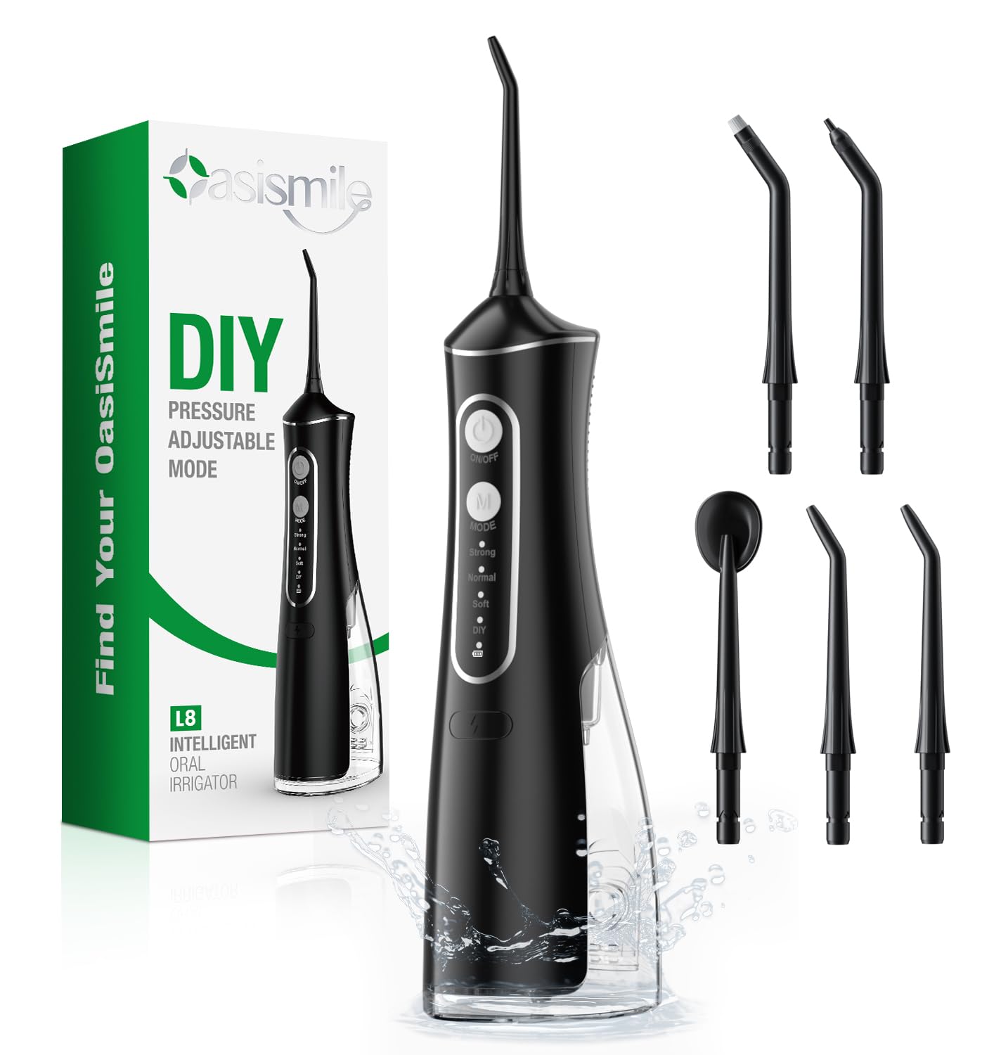 OasiSmile Irrigador Dental Portátil, 300ML Irrigador Bucal Profesional con Tecnología DIY Autoajustable, 5 Boquillas y 4 Modos, Para Ortodoncia y Encías Sensibles, IPX7 Recargable para Viaje y Hogar